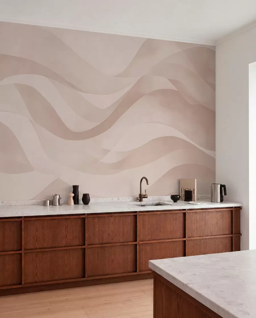 murales de pared Suaves ondas en suaves tonos beige en estilo acuarela w08564