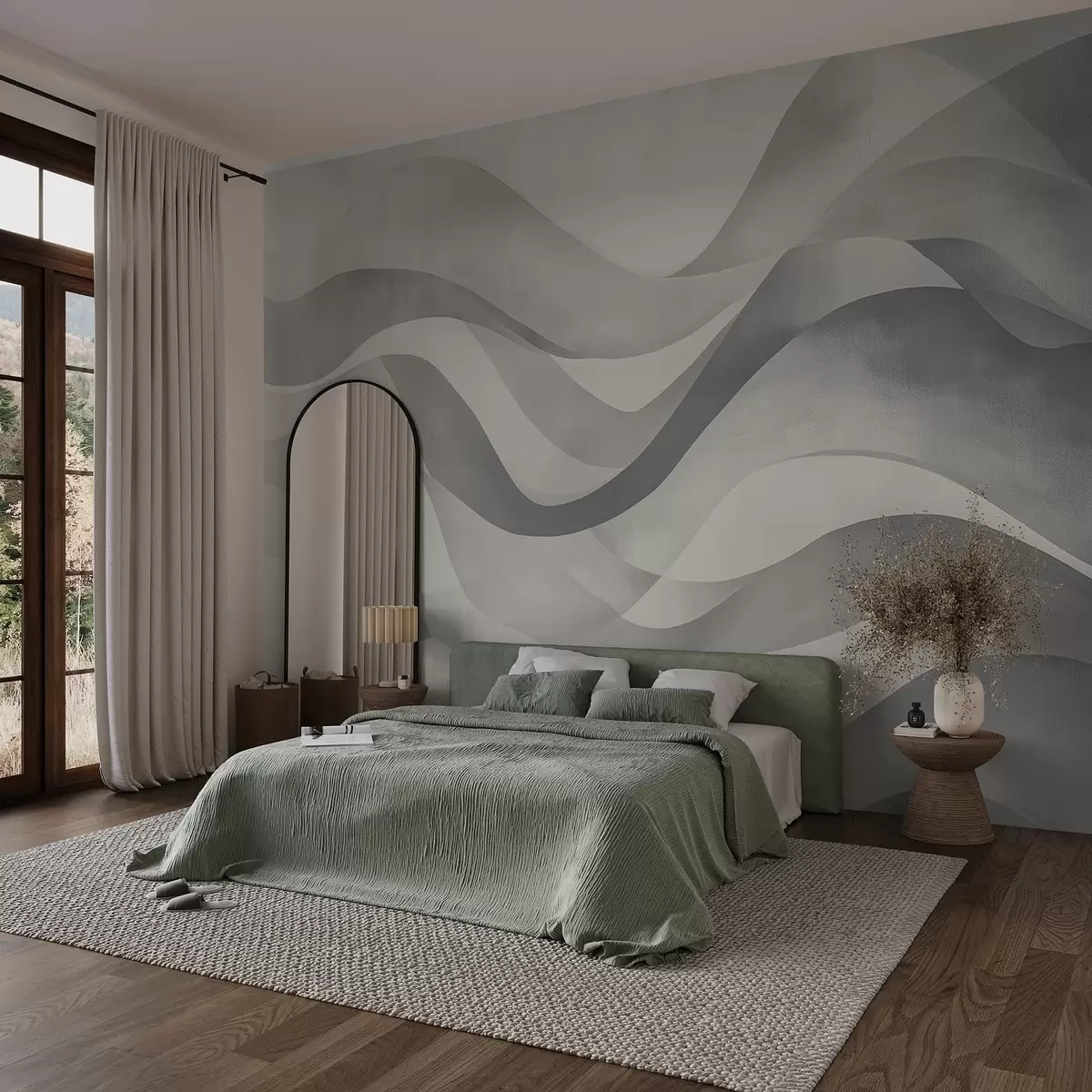 murales de pared Ondas suaves en tonos grises y azules en estilo acuarela w08564v1
