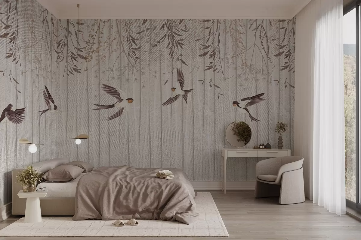 murales de pared Pájaros volando sobre un fondo texturizado con dientes de león y flores w08566