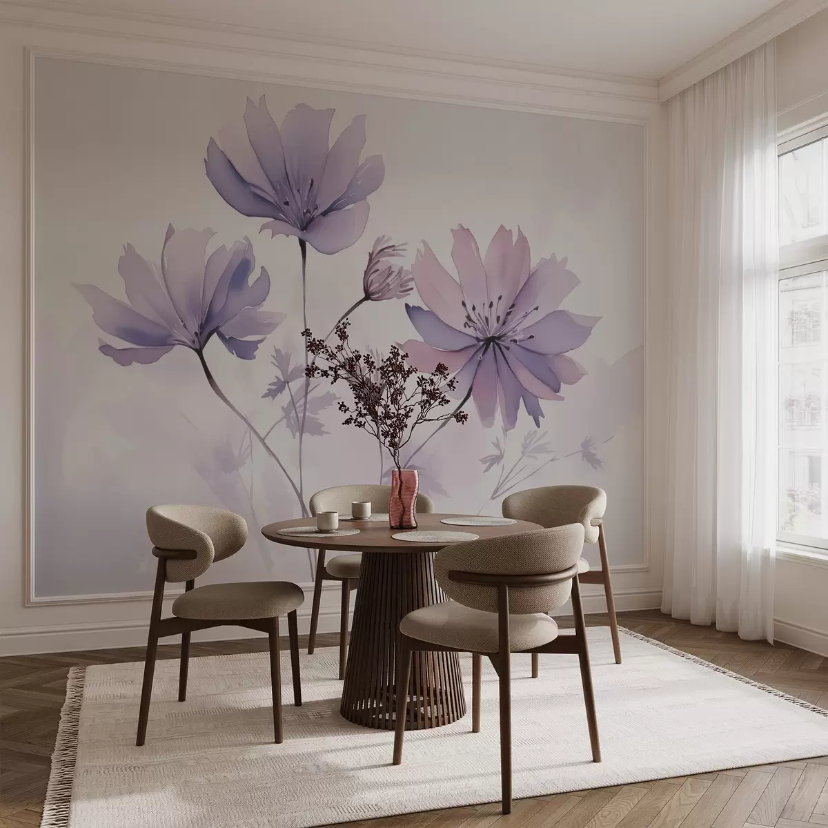 murales de pared Delicadas flores rosa púrpura imitación de acuarela w02716
