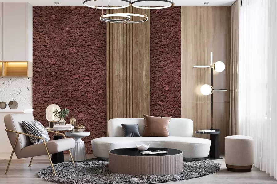 murales de pared Pared estilo musgo con panel de madera, exuberantes colores burdeos w02656v1