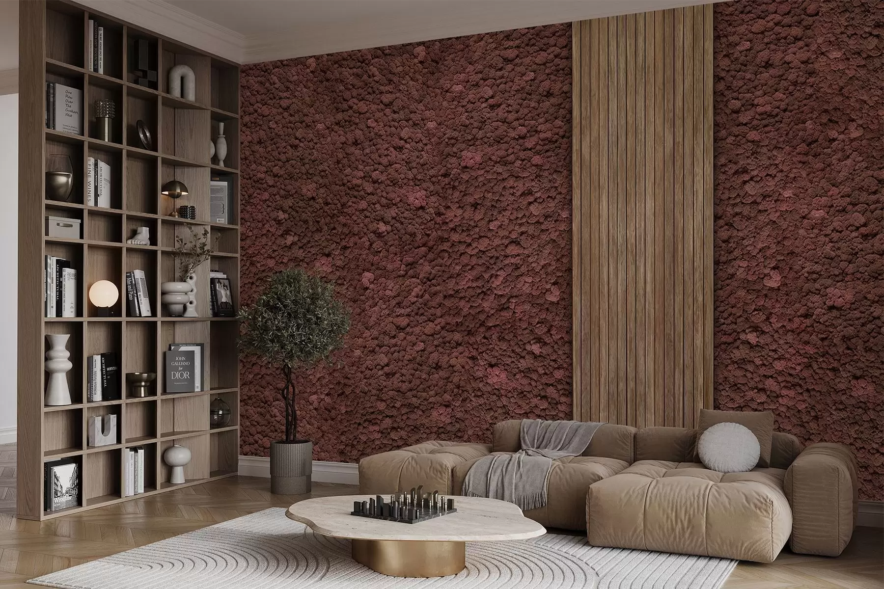 murales de pared Pared estilo musgo con panel de madera, exuberantes colores burdeos w02656v1