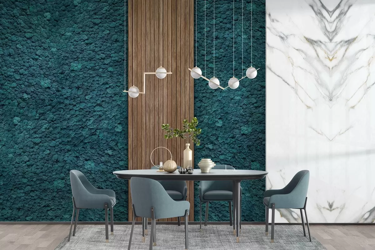 murales de pared Pared estilo musgo con panel de madera, exuberantes colores azules w02656v2