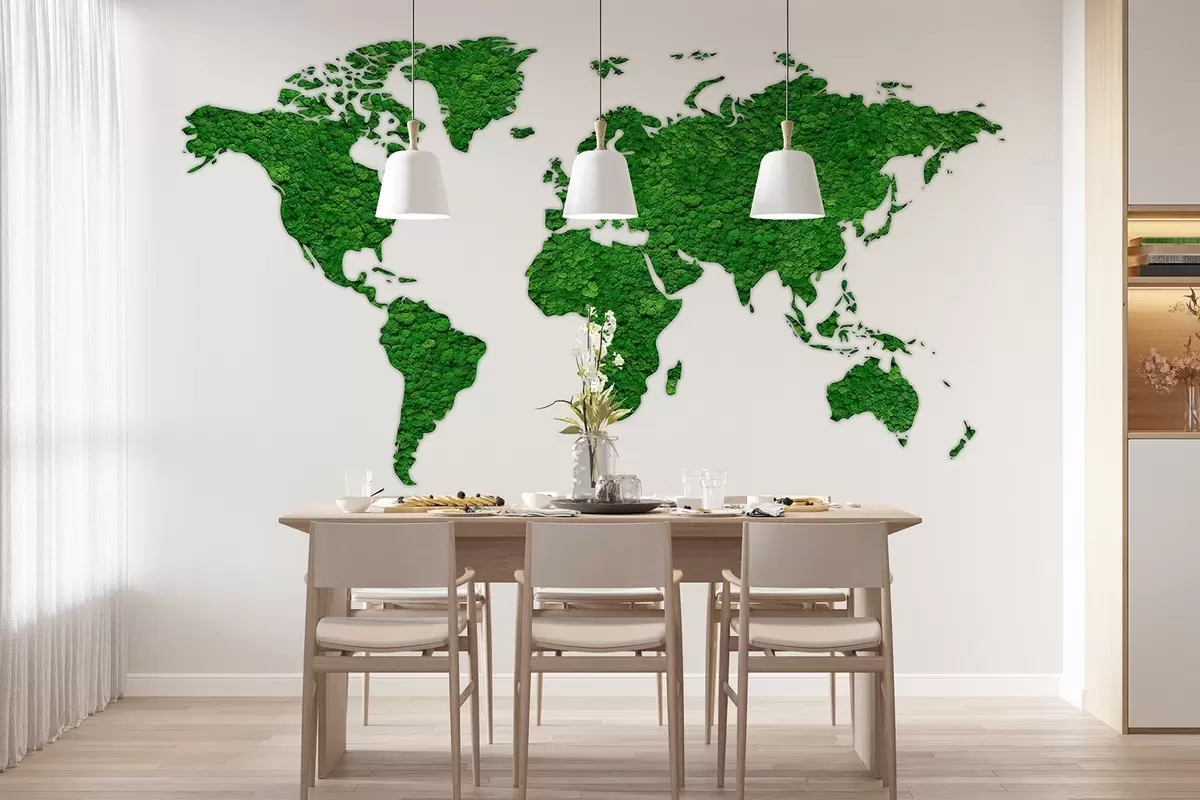 murales de pared Mapamundi con musgo, naturaleza, paleta de colores verdes  w02657