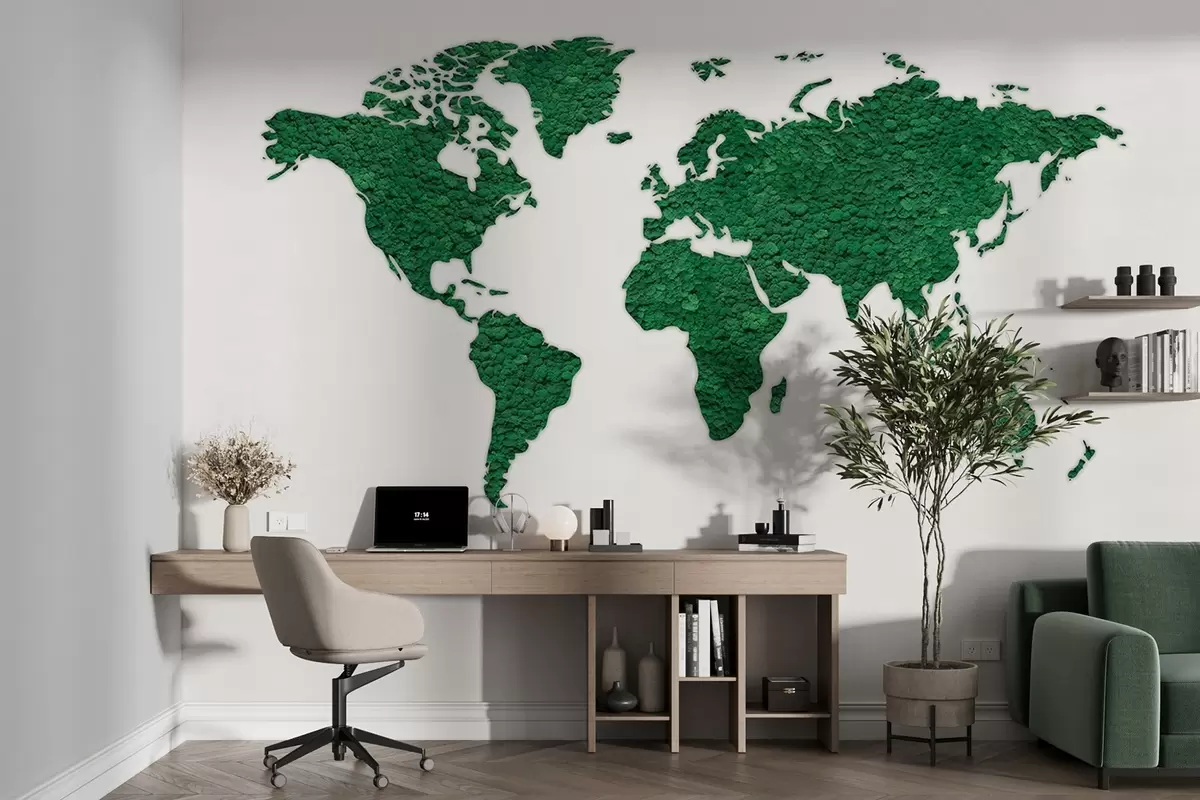 murales de pared Mapamundi con musgo, naturaleza, exuberante paleta de colores verdes  w02657v2