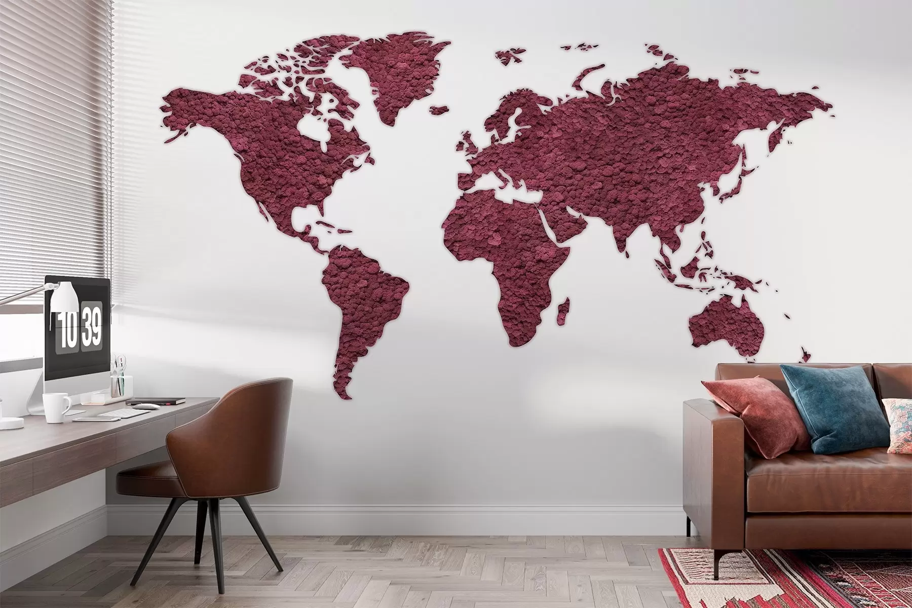 murales de pared Mapamundi con musgo, naturaleza, paleta de color burdeos  w02657v5