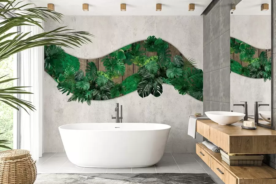 murales de pared Adorno de pared con plantas, musgo, hojas de palmera, fondo de madera, vegetación w02658v1