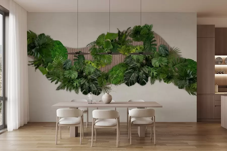 murales de pared Panel floral con hojas de palmera, musgo y fondo de madera w02717