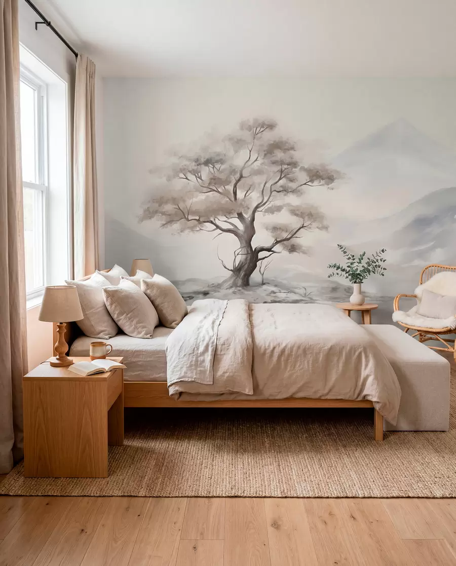 murales de pared Dibujo minimalista de un árbol solitario y retorcido en un paisaje desolado y rocoso con montañas al fondo  w08604