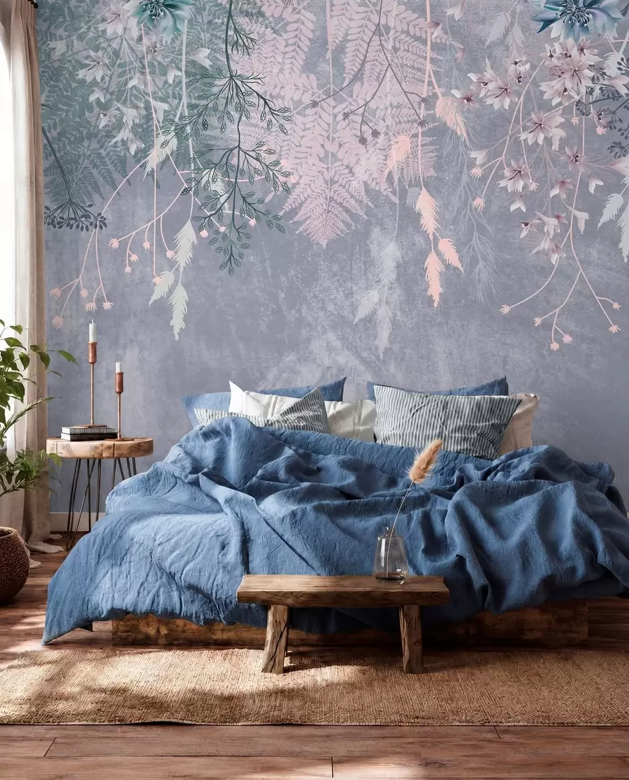 murales de pared Unas plantas de ensueño, delicadas y tenues, espiguillas y flores en colores pastel azulados sobre un fondo brumoso y texturizado w08606