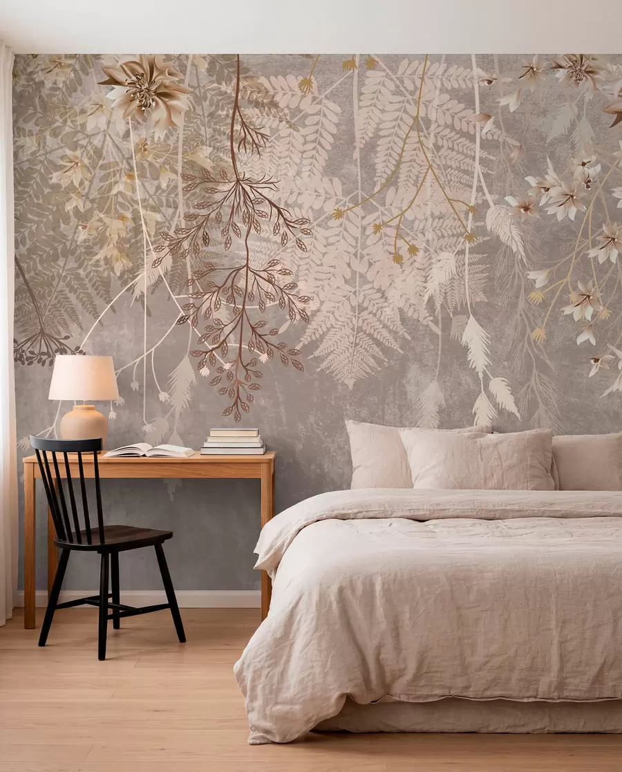 murales de pared Unas plantas de ensueño, delicadas y tenues, espiguillas y flores en colores pastel marrones sobre un fondo brumoso y texturizado w08606v1