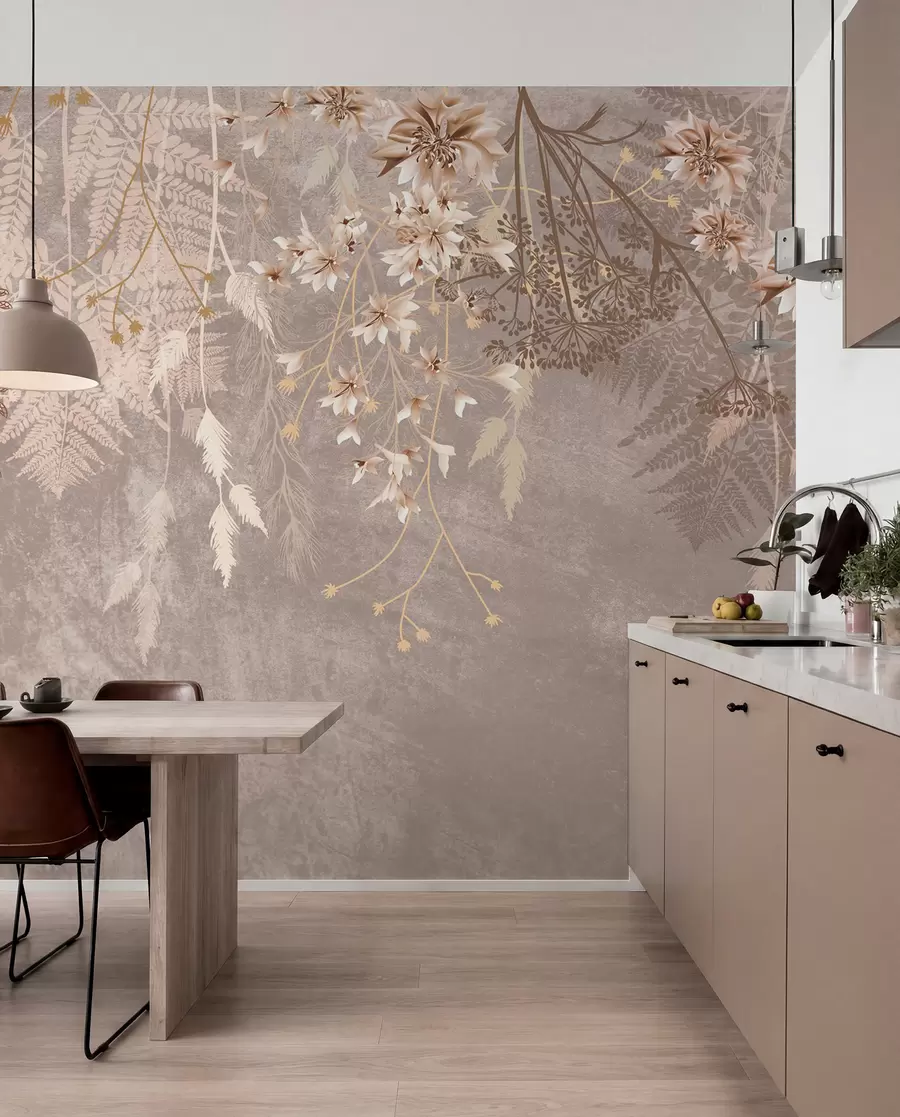 murales de pared Unas plantas de ensueño, delicadas y tenues, espiguillas y flores en colores pastel marrones sobre un fondo brumoso y texturizado w08606v1