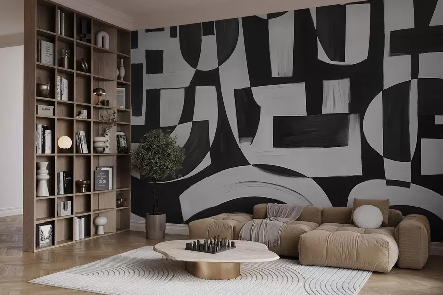 murales de pared Formas y motivos geométricos abstractos en blanco y negro que crean una composición visualmente impactante y dinámica w08608