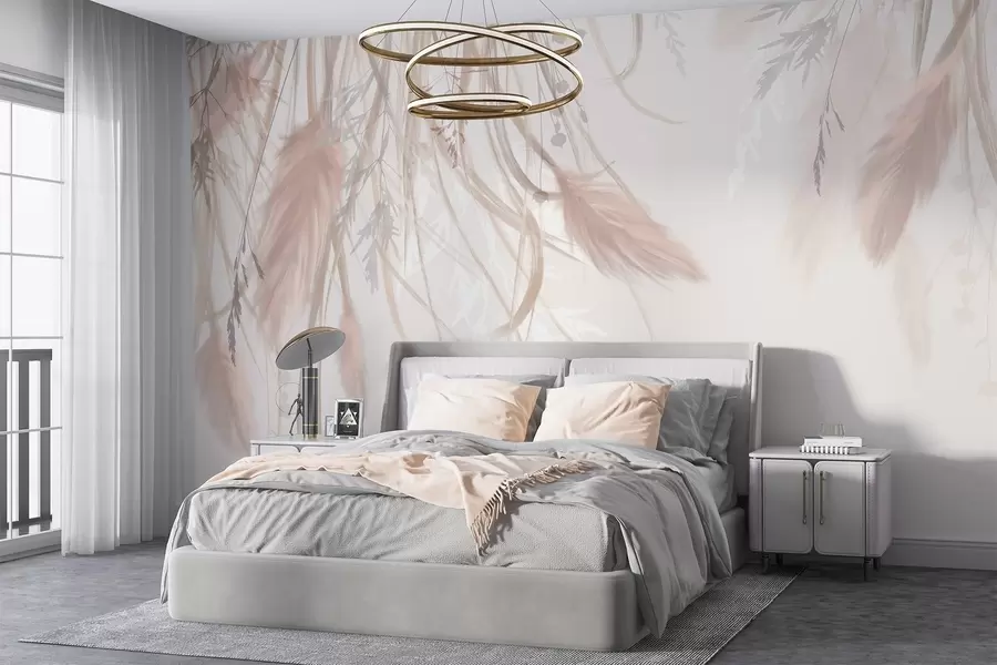murales de pared Suave hierba de la pampa y espiguillas en tonos beige y rosa sobre un fondo claro w08611