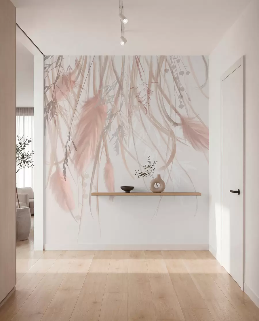 murales de pared Suave hierba de la pampa y espiguillas en tonos beige y rosa sobre un fondo claro w08611