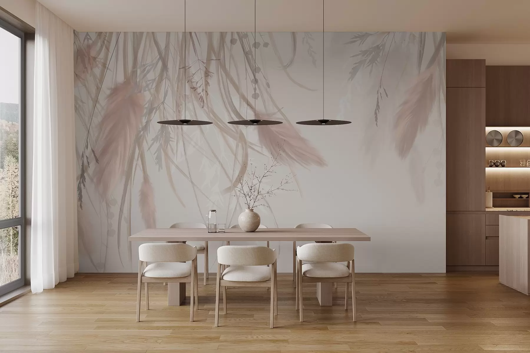 murales de pared Suave hierba de la pampa y espiguillas en tonos beige y rosa sobre un fondo claro w08611