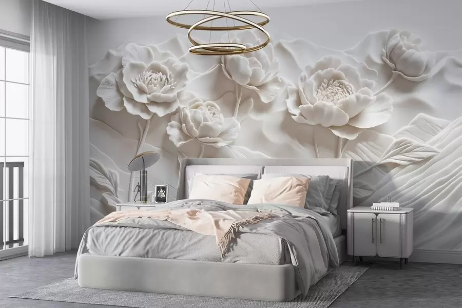 murales de pared Imitación floral blanca de escultura en relieve con grandes y detalladas flores de peonía sobre fondo liso w08612