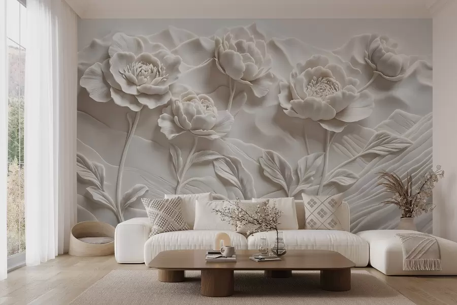 murales de pared Imitación floral blanca de escultura en relieve con grandes y detalladas flores de peonía sobre fondo liso w08612