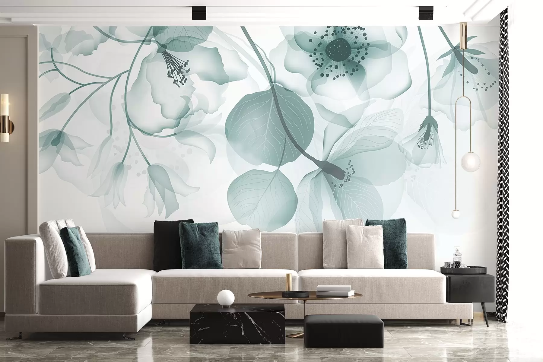 murales de pared Delicadas flores translúcidas de color turquesa apagado, con pétalos suaves y centros oscuros, sobre un fondo claro w08613v1