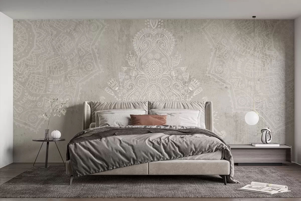 murales de pared Un detallado e intrincado estampado de mandala de encaje blanco sobre un fondo abstracto de textura beige claro w08614