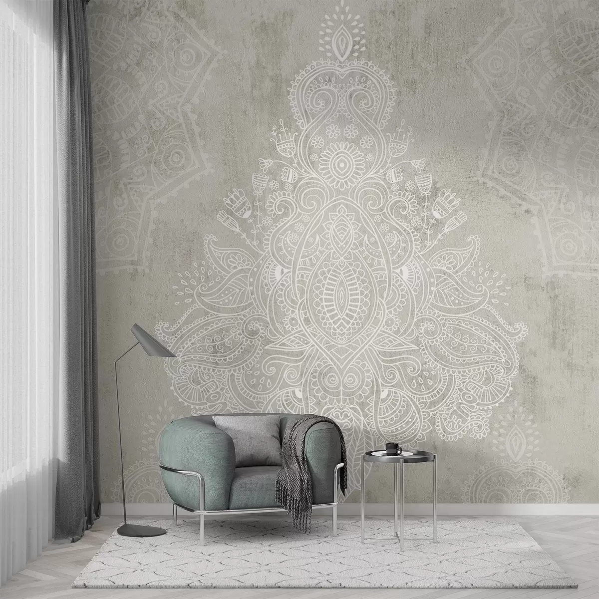 murales de pared Un detallado e intrincado estampado de mandala de encaje blanco sobre un fondo abstracto de textura beige claro w08614