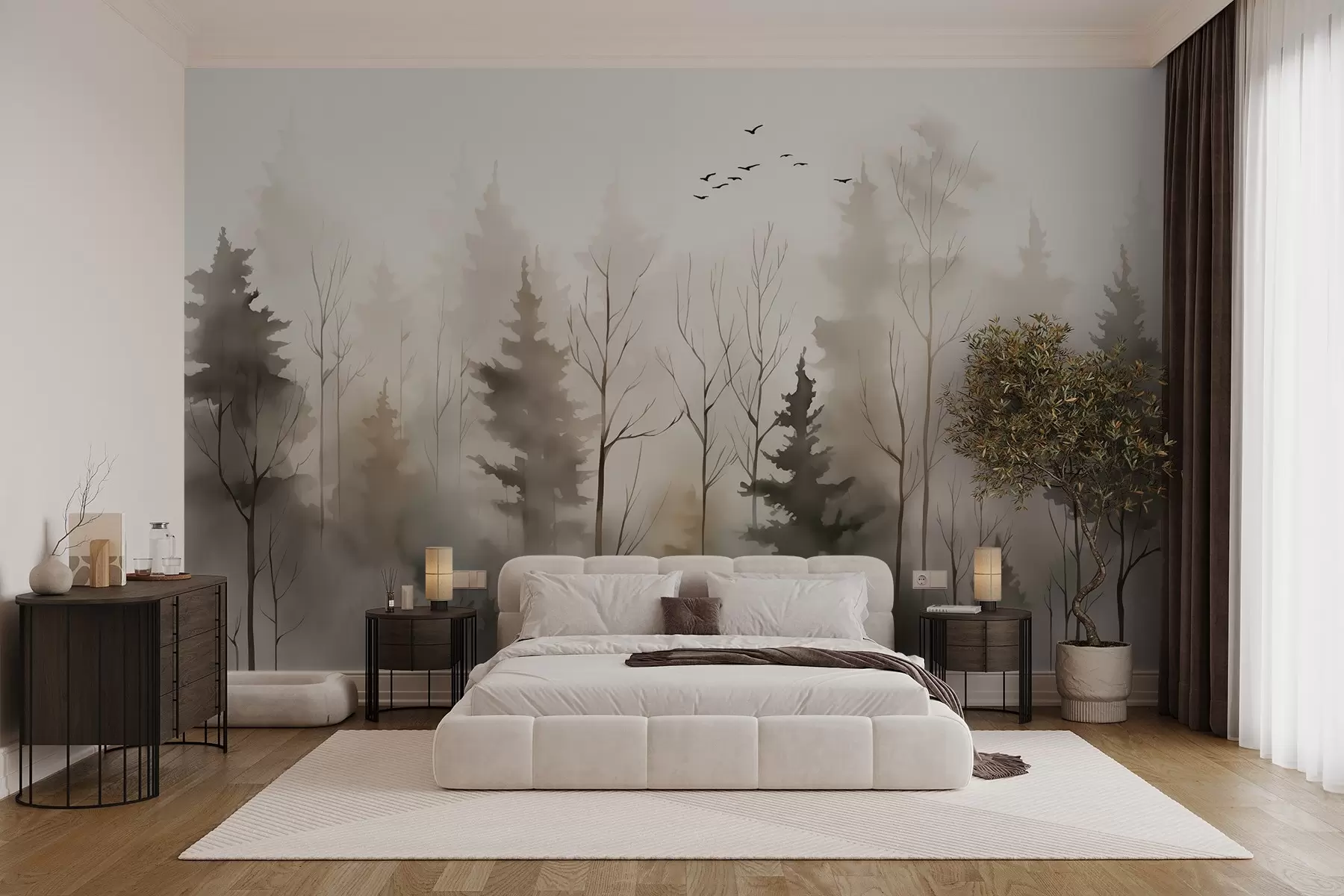 murales de pared Siluetas de abetos y árboles imitación de acuarela húmeda w02721
