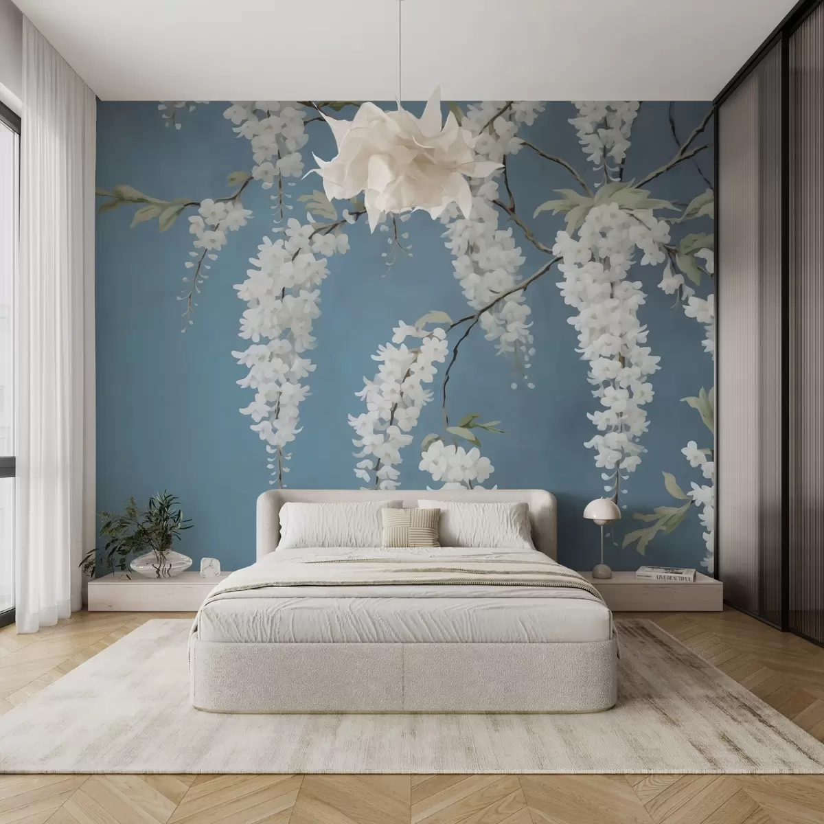 murales de pared Pintura imitación acacia blanca sobre azul w02723