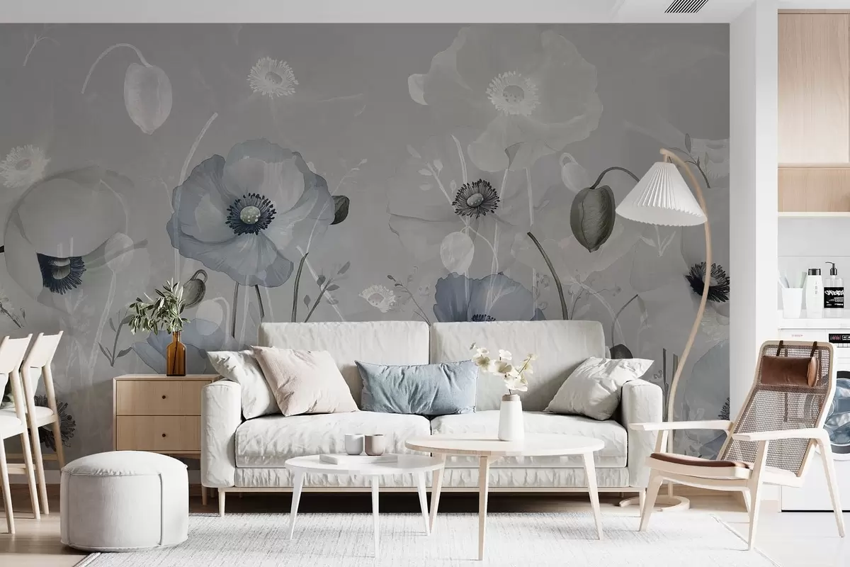 murales de pared Grandes amapolas azules sobre fondo de acuarela gris w08626