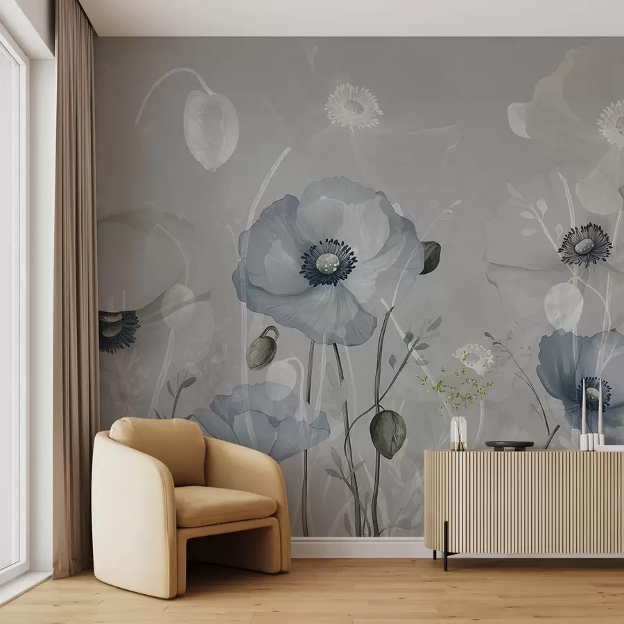murales de pared Grandes amapolas azules sobre fondo de acuarela gris w08626