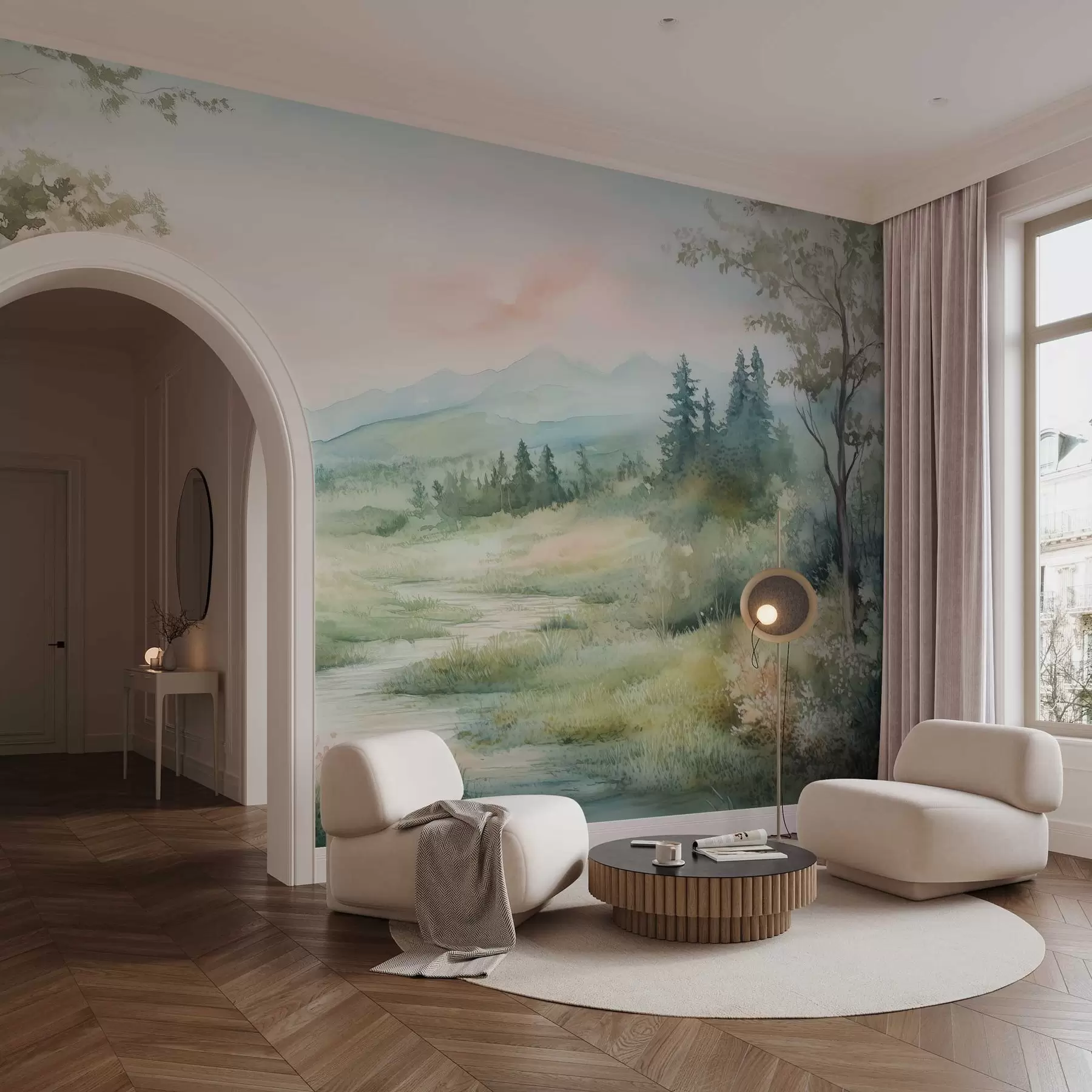 murales de pared acuarela paisaje con un camino y montañas w02764