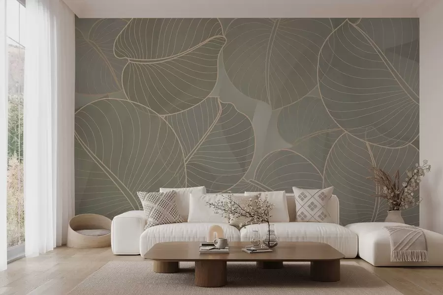 murales de pared follaje lineal del lirio de agosto en tonos beige w02768
