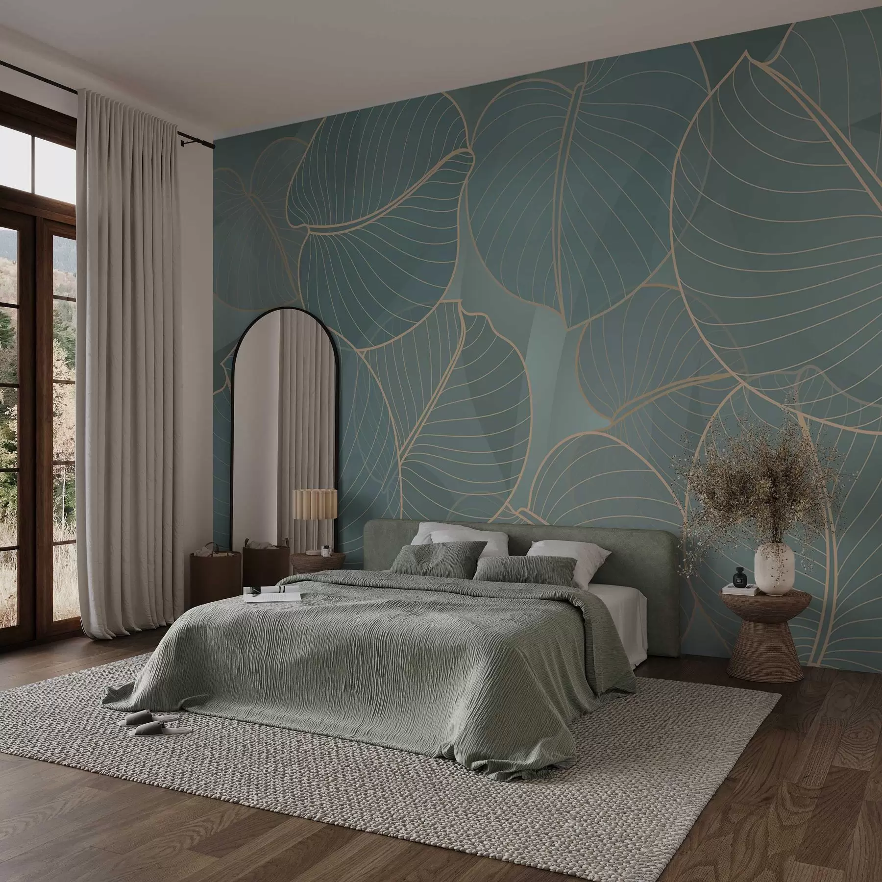 murales de pared follaje lineal del lirio de agosto en tonos turquesa w02768v1