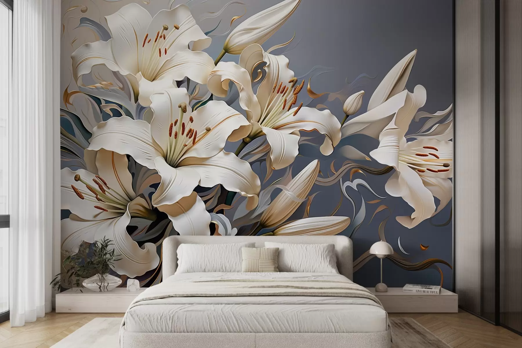 murales de pared Sofisticados lirios blancos sobre fondo azul grisáceo w08633