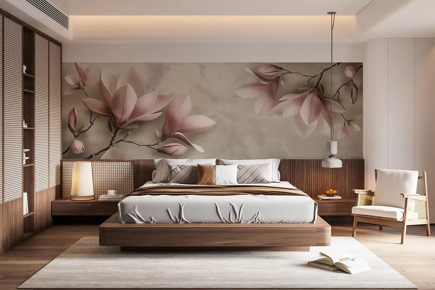 murales de pared Delicadas magnolias rosas sobre un muro de hormigón en tonos sepia w08636v2