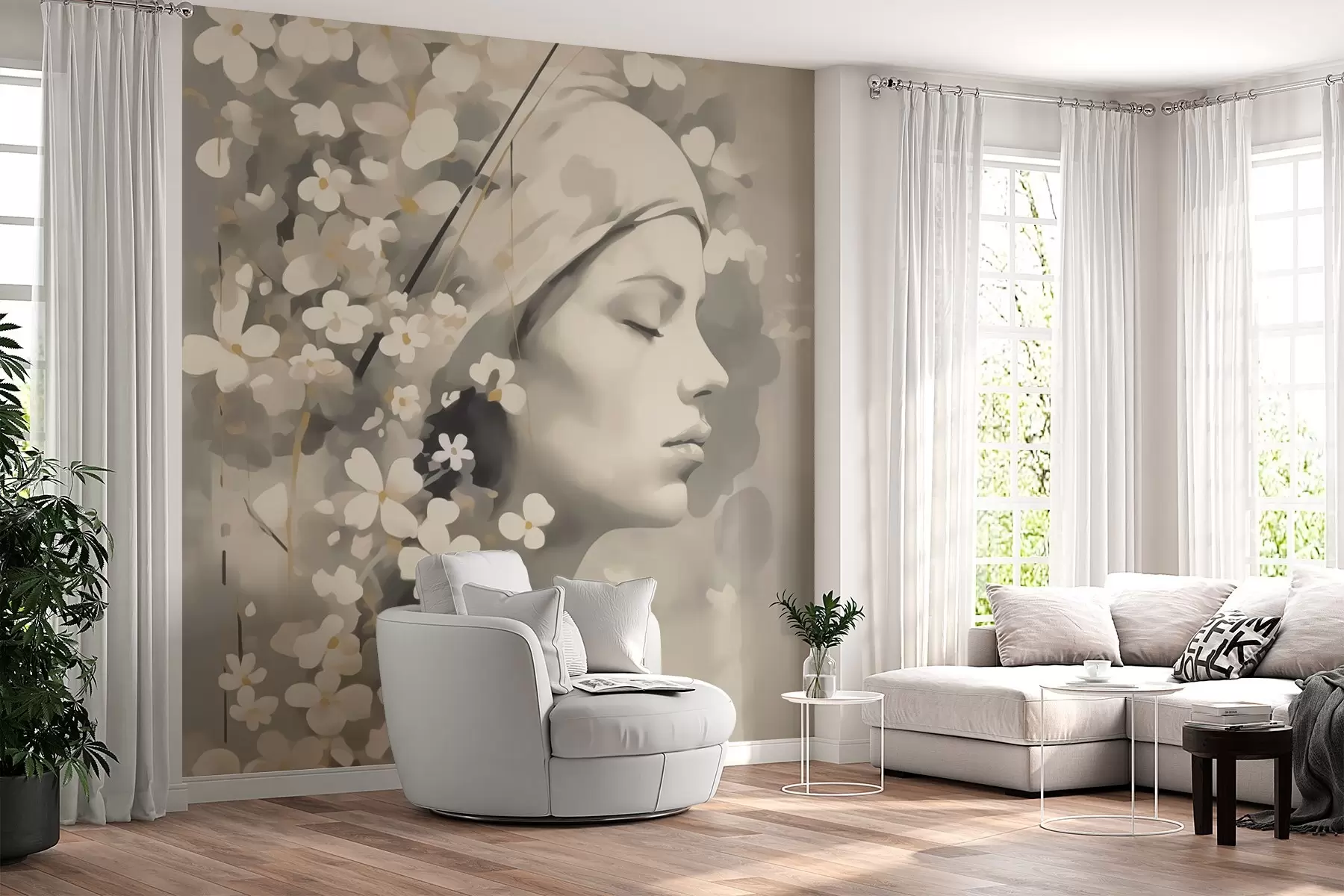 murales de pared Retrato abstracto de una chica con flores w02793