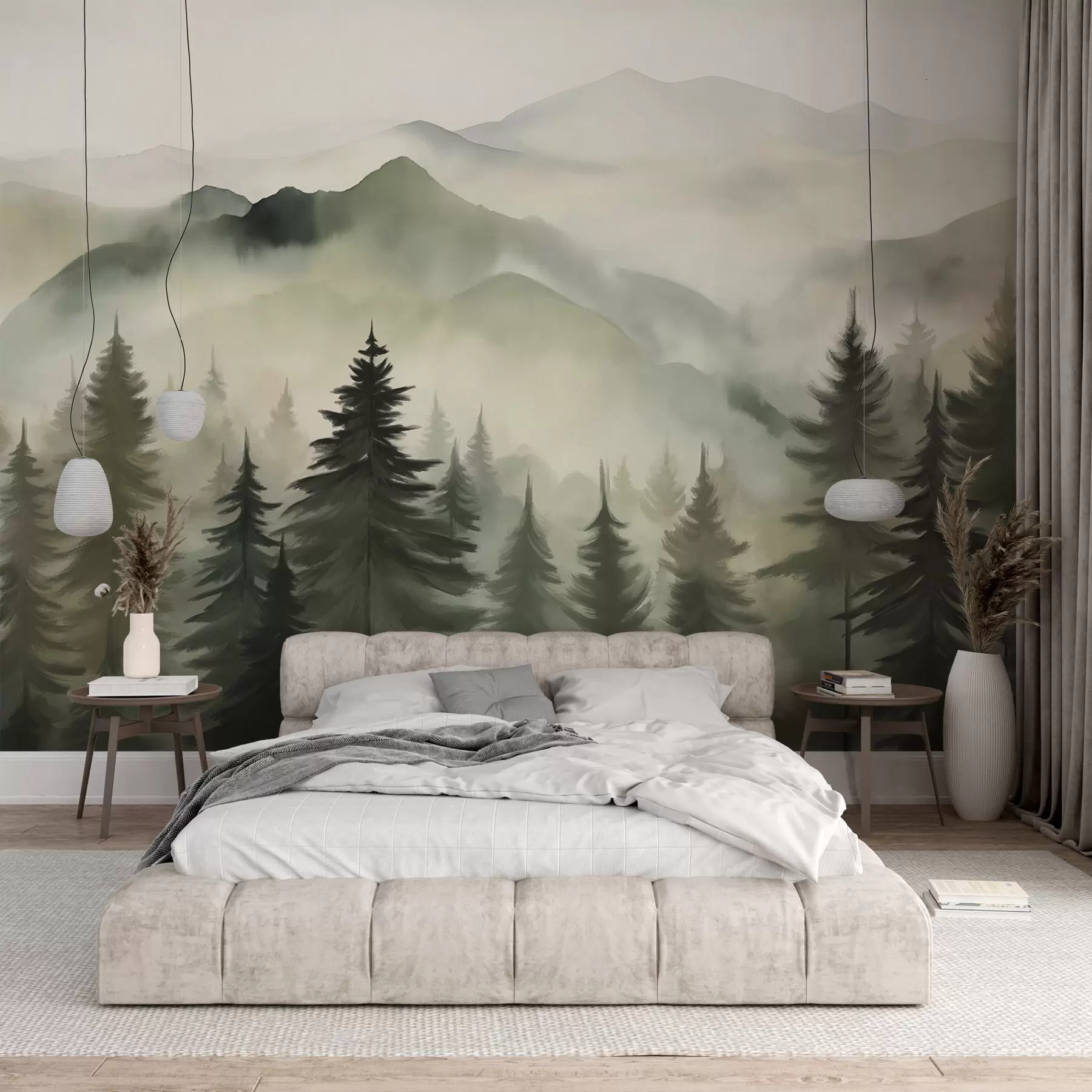 murales de pared Paisaje de montaña con un bosque de pinos y montañas en capas durante el amanecer con niebla ligera acuarela imitación arte  w08639