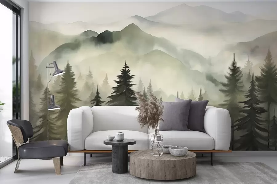 murales de pared Paisaje de montaña con un bosque de pinos y montañas en capas durante el amanecer con niebla ligera acuarela imitación arte  w08639