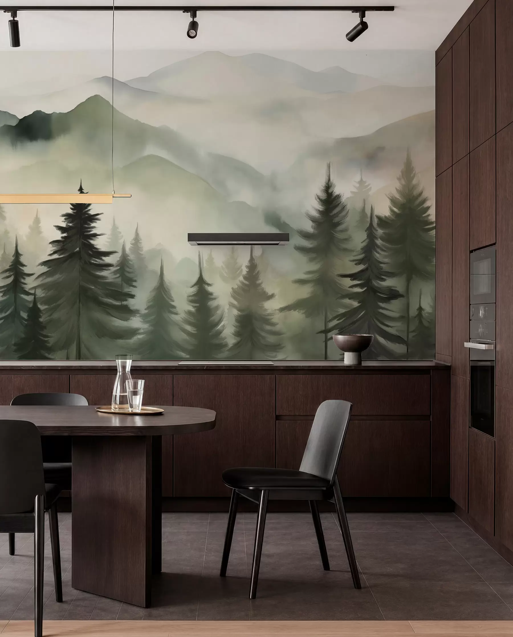 murales de pared Paisaje de montaña con un bosque de pinos y montañas en capas durante el amanecer con niebla ligera acuarela imitación arte  w08639
