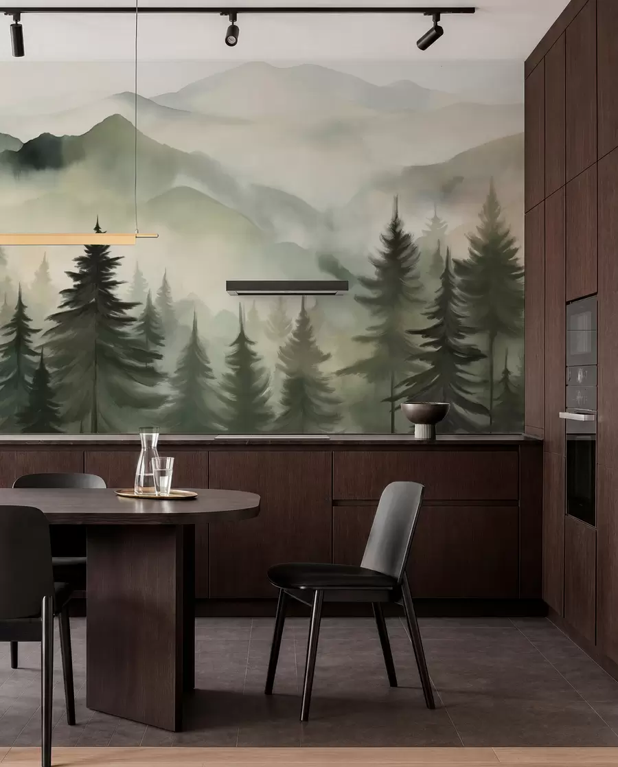 murales de pared Paisaje de montaña con un bosque de pinos y montañas en capas durante el amanecer con niebla ligera acuarela imitación arte  w08639