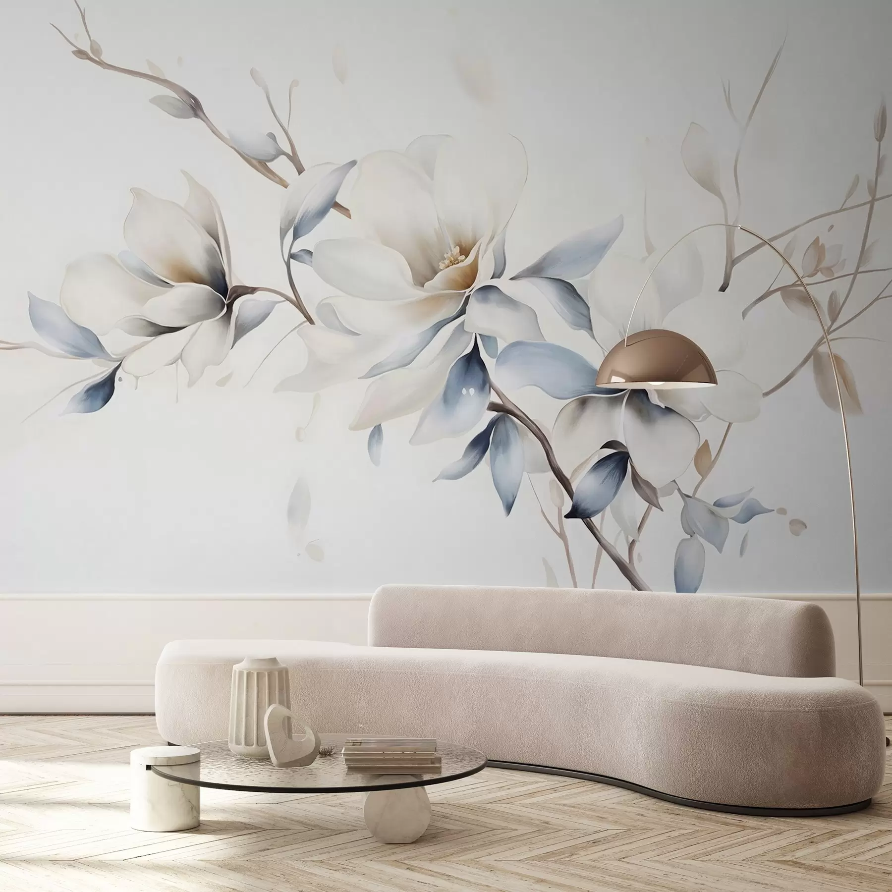 murales de pared Delicadas flores blancas de magnolia con suaves pétalos azules sobre un fondo claro acuarela imitación minimalismo  w08644