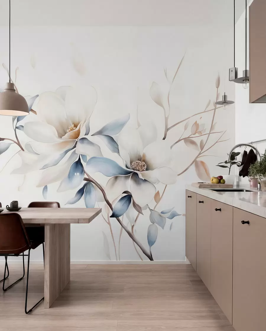 murales de pared Delicadas flores blancas de magnolia con suaves pétalos azules sobre un fondo claro acuarela imitación minimalismo  w08644