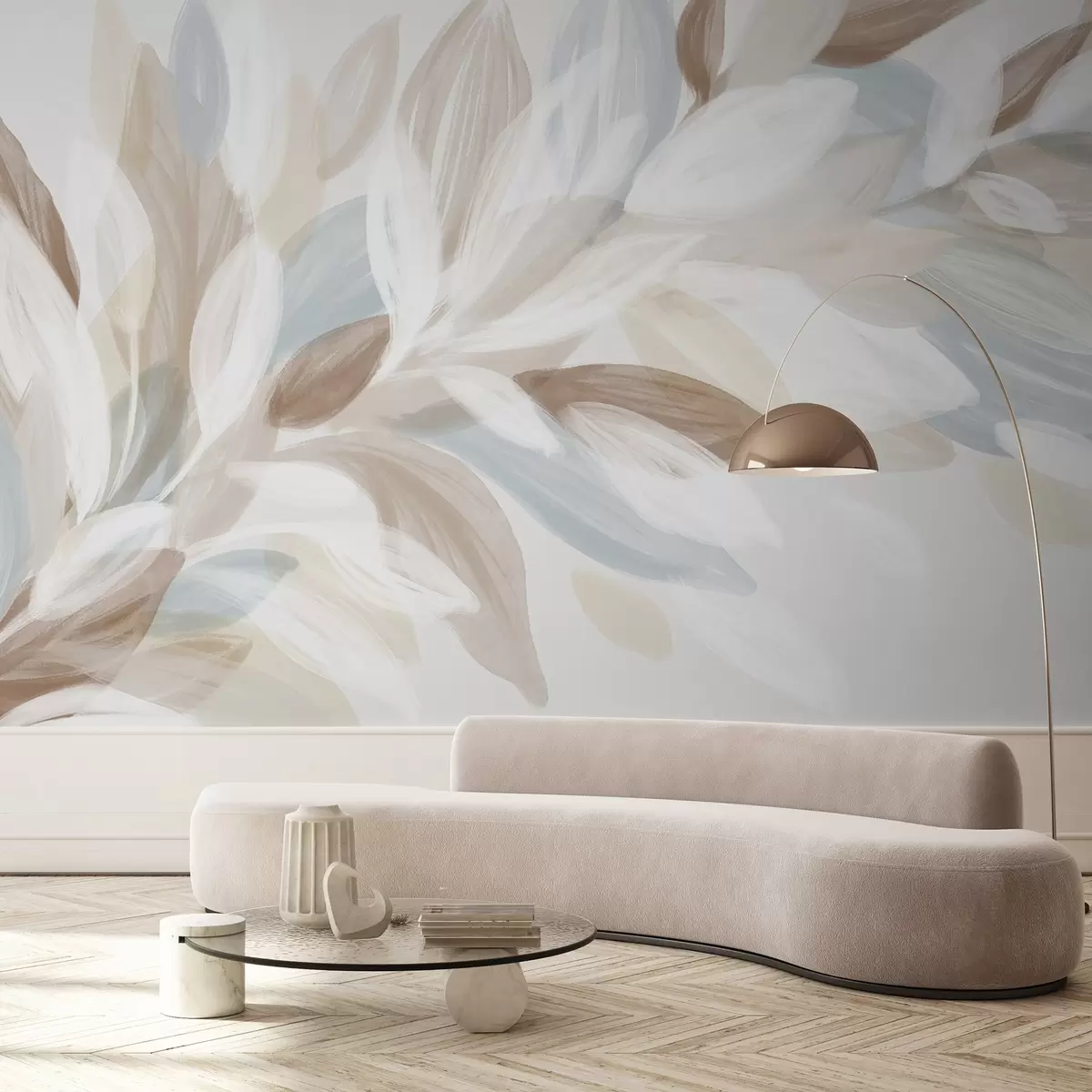 murales de pared Suaves hojas de colores pastel en tonos blanco, beige y azul claro, que crean una composición delicada y etérea w08649