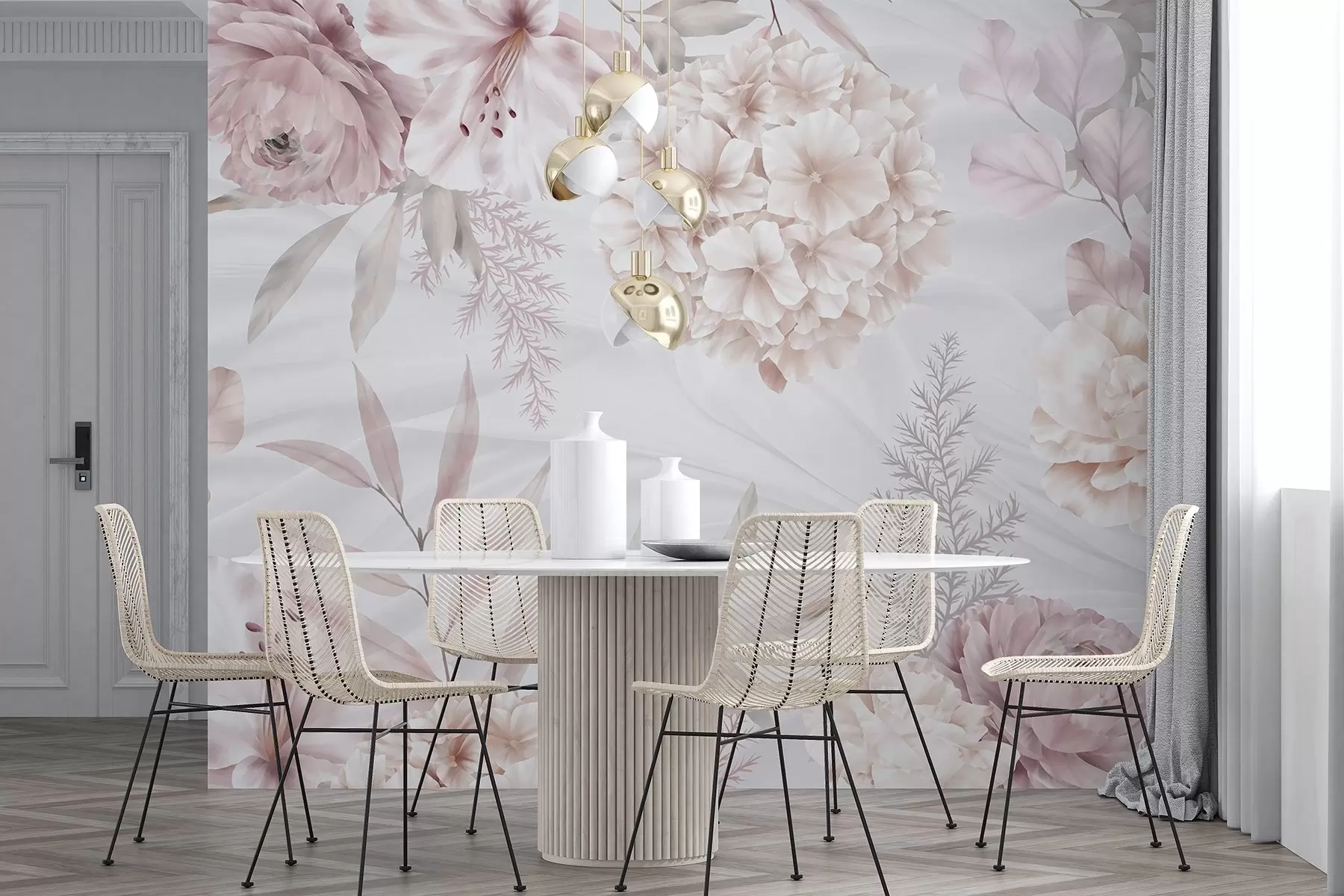 murales de pared Un estampado floral suave y abstracto con grandes flores rosas y blancas, delicadas hojas y una paleta de colores pastel apagados w08651