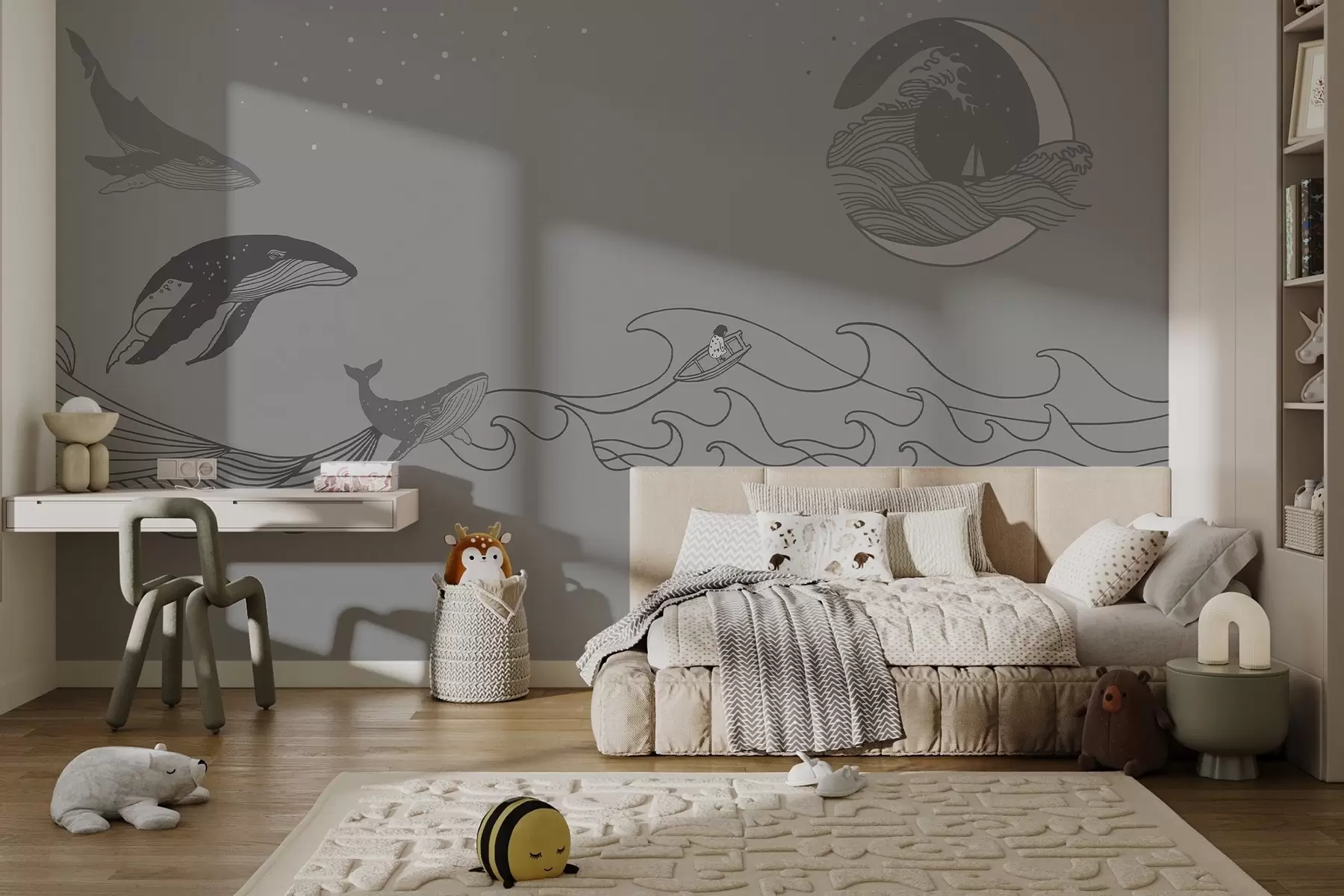 murales de pared Ballenas y olas en el arte lineal minimalista w02774v2