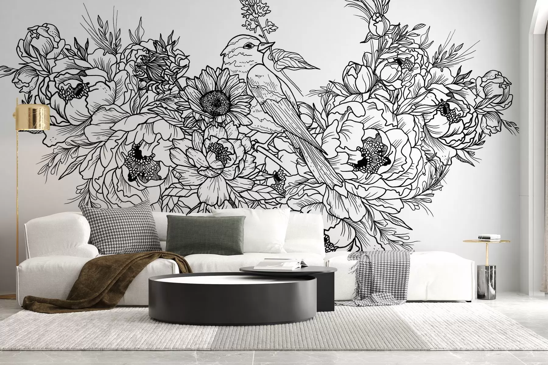 murales de pared Arte lineal detallado de un pájaro y un arreglo floral w02833v1