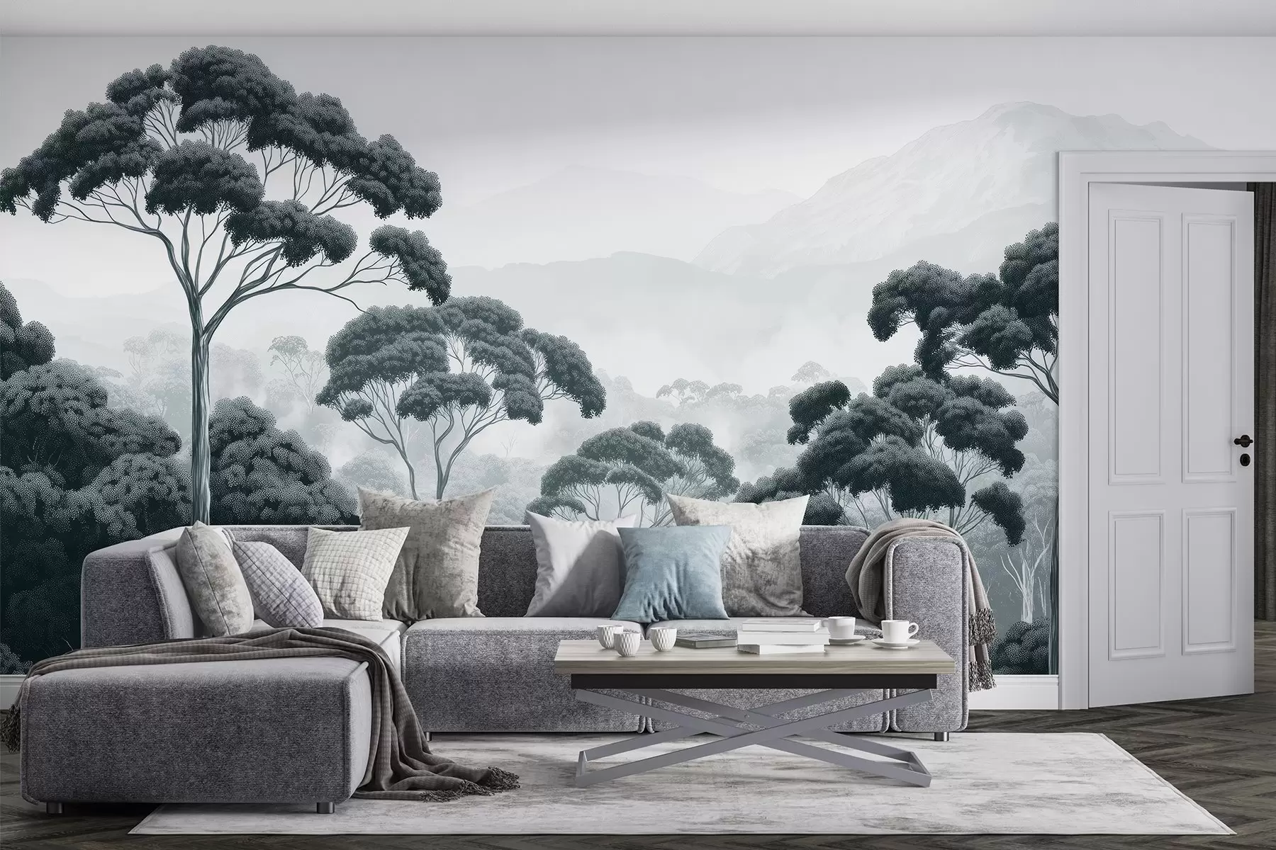 murales de pared Selva, montañas, tropical, naturaleza, grandes árboles, colores azul oscuro w02739