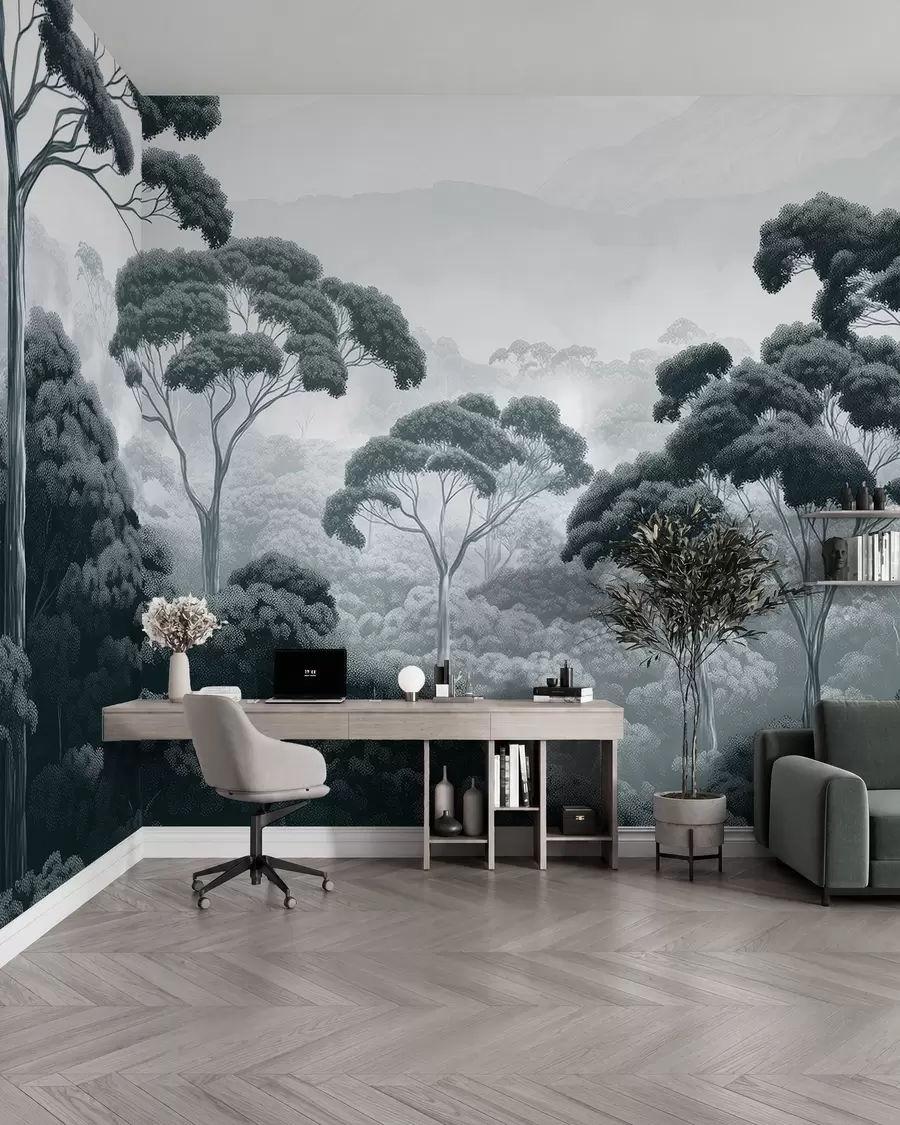 murales de pared Selva, montañas, tropical, naturaleza, grandes árboles, colores azul oscuro w02739