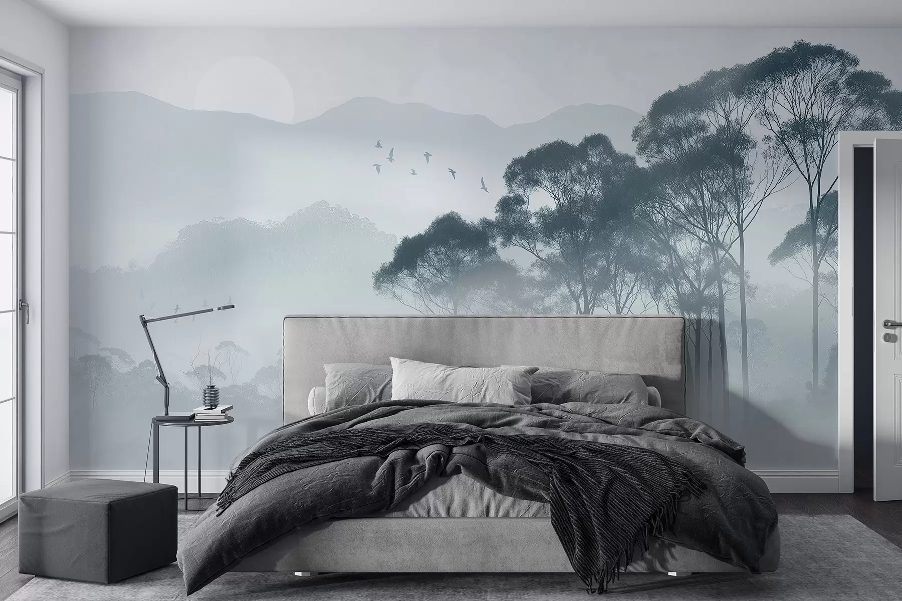 murales de pared Árboles en la niebla, paisajes de naturaleza, pájaros, sol, colores azules w02740v1