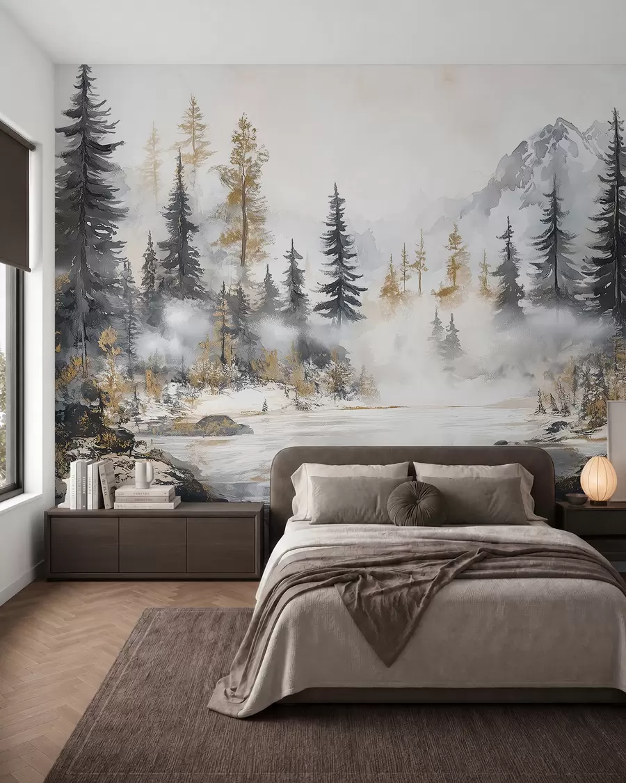 murales de pared Paisaje de invierno con lago y bosque, montañas, darwing estilo pastel w02741