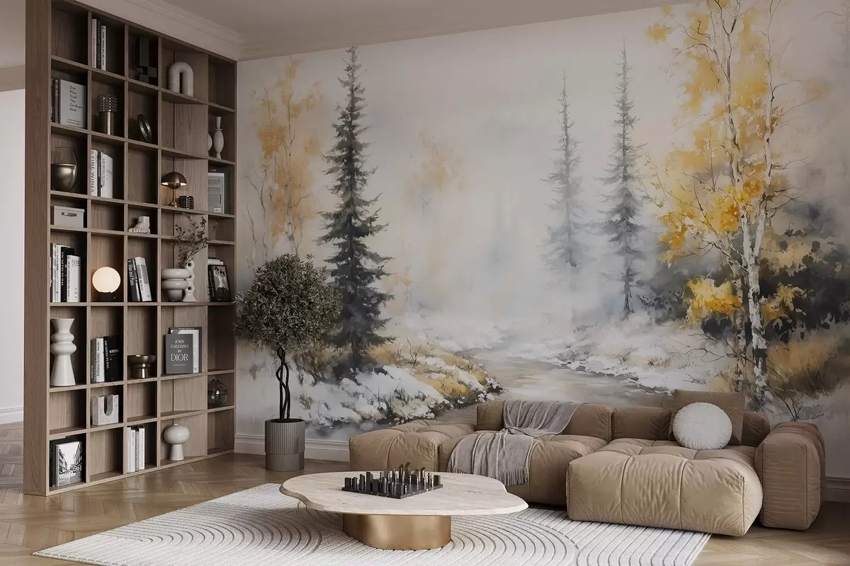 murales de pared Bosque invernal, abedules, pinos, río, niebla, colores pastel w02742